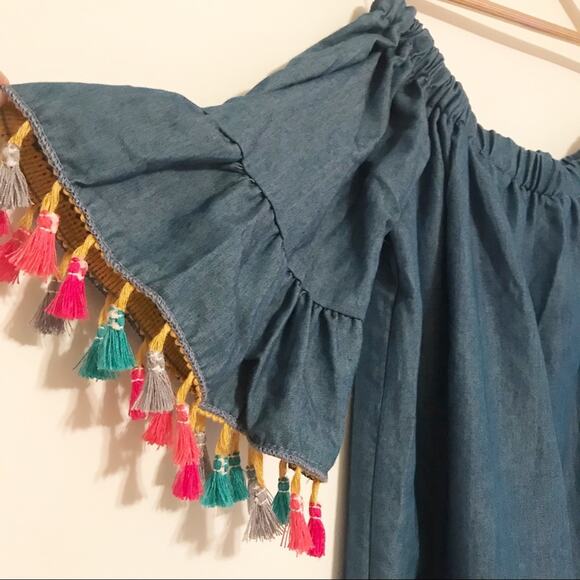 See You Monday off shoulder Pom Pom chambray SZ Small - Picture 4 of 5